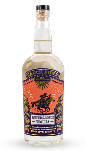 Image of a bottle of Ranch Rider Spirits Watermelon Jalapeño-infused Blanco Tequila. The bottle is clear with a blue, pink, and gold label. At the top of the label, the Ranch Rider Spirits Co. logo is in dark blue and gold. Below that, there is an illustration of a cowboy riding a horse through a desert scene. Below the image, there is a label that says “Watermelon Jalapeño Tequila, Blanco tequila infused with real fruit and all natural flavors. 60 Proof, 750 ml, 30% ABV.”