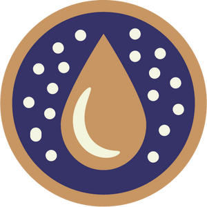 Dark blue and gold icon of a droplet of water with bubbles around it. The icon sits above the label “Sparkling Water.”