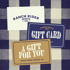 An assortment of Ranch Rider Gift Cards in white, blue and gold.